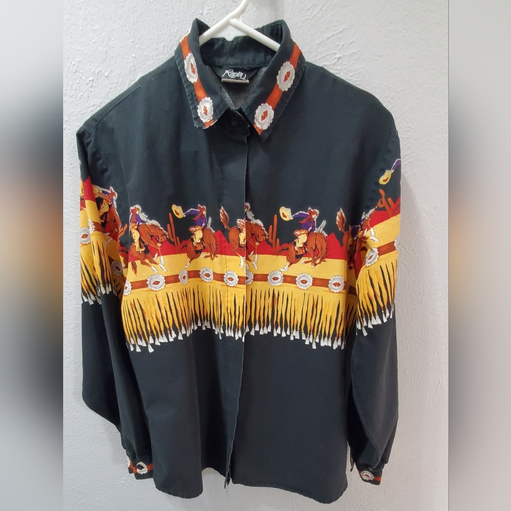 Women's southwestern, rodeo print long sleeve button down shirt.